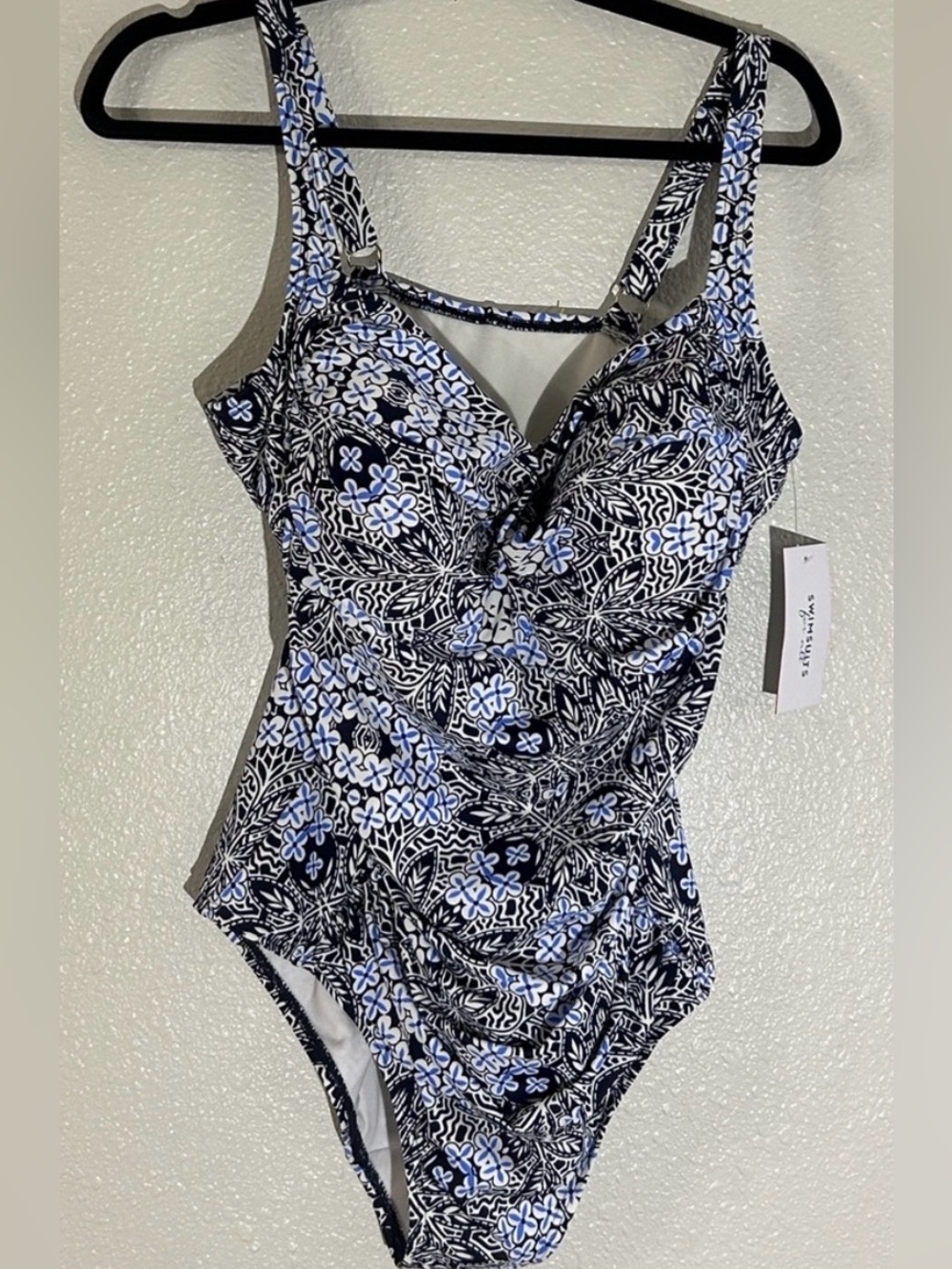 Swimsuits for All: Black & Light Blue Floral One-Piece Swimsuit for Women